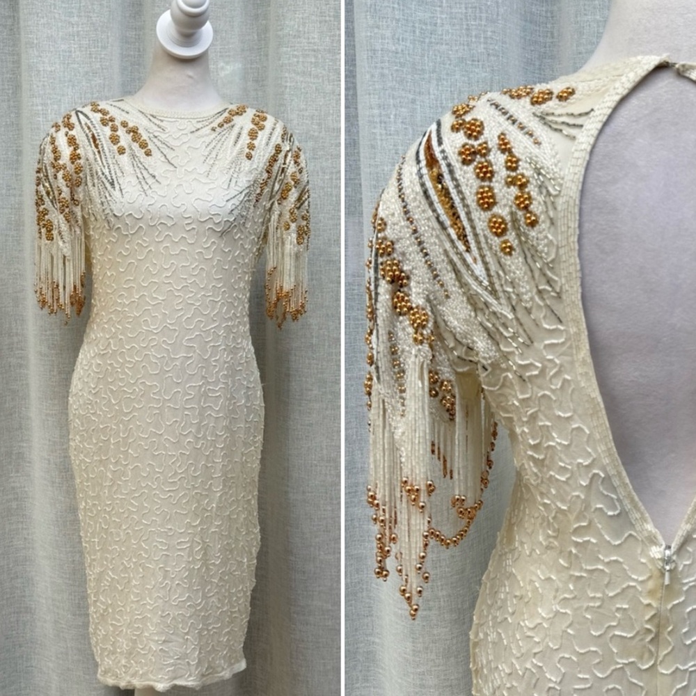 A.J. Bari off white gold cocktail beaded mini silk dress dangle beaded sleeves